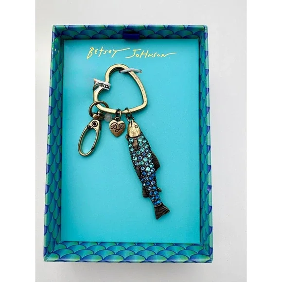 BETSEY JOHNSON Crystal Sardine Fish Keychain Key Fob Bag Charm - Picture 1 of 2